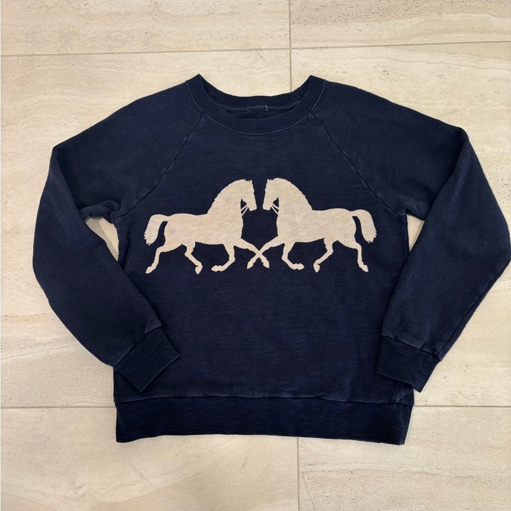 J. Crew Navy Blue Sweatshirt with Cream Horse Motif